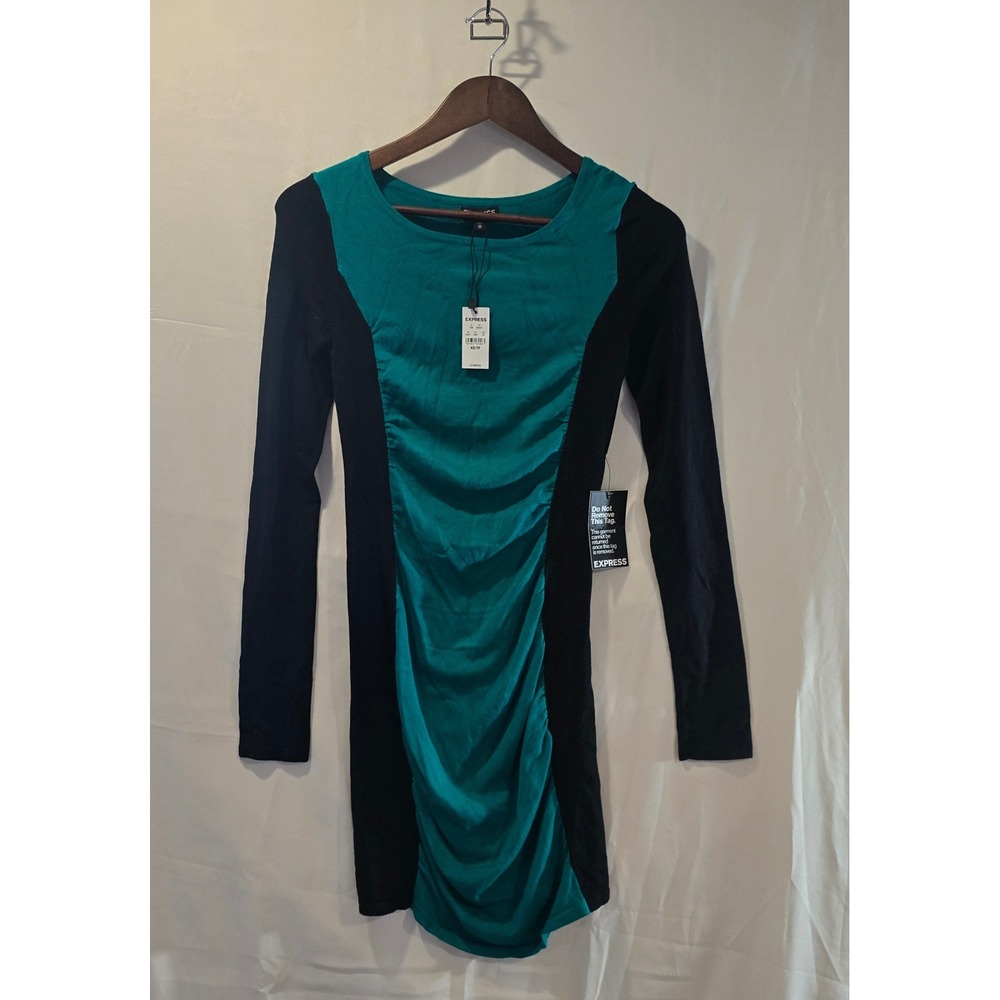 Express Colorblock Ruched Long Sleeve Bodycon Dress Teal Black XS